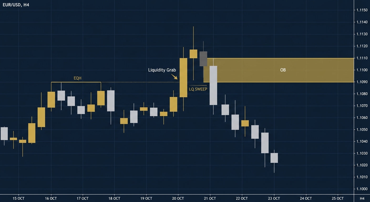 ICT liquidity grab pattern on EURUSD 4-hour chart showing smart money targeting equal highs with order block formation