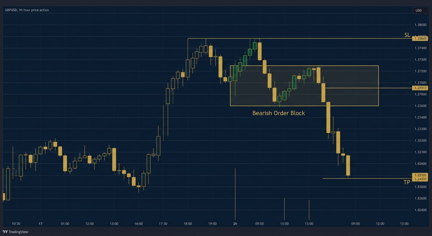 ICT order block setup showing proper stop loss placement below bearish order block after liquidity sweep on GBPUSD 1-hour chart